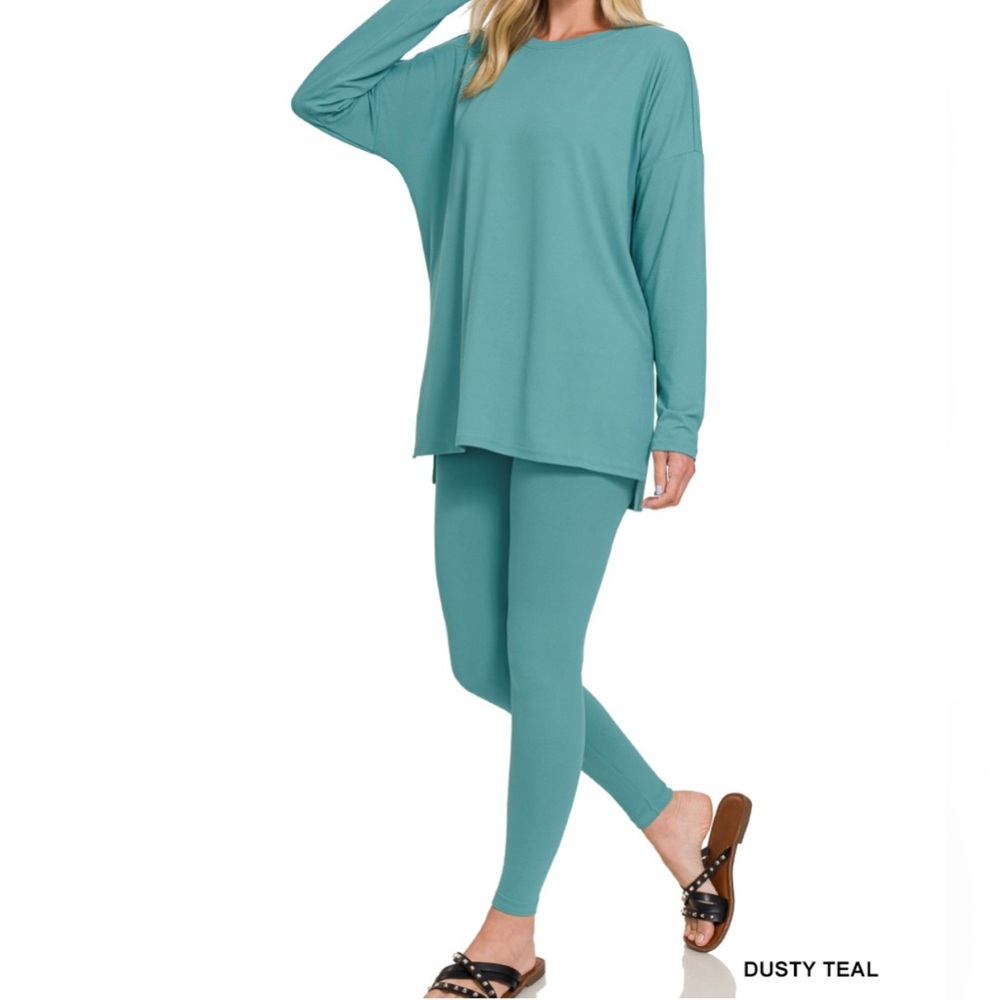 🟠NEW! ZENANA Brushed Microfiber Long Sleeve Top/Legging Set in Dusty Teal